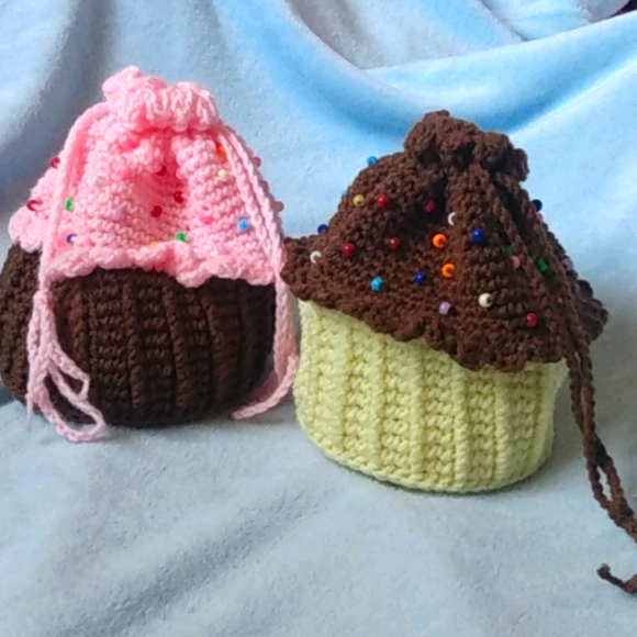 Hand Crafted Handbags - crochet cupcake drawstring bags